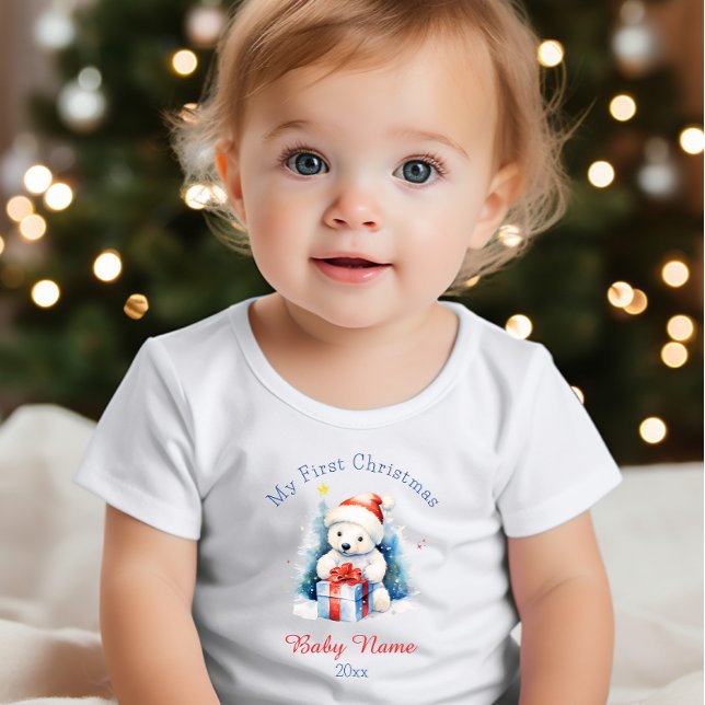 T-shirt Pour Bébé Mon premier Ours Polaire de Noël Blanc Nom personn (Créateur téléchargé)