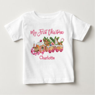 T-shirt Pour Bébé Mon premier pain d'épice de Noël Train Pink Candy