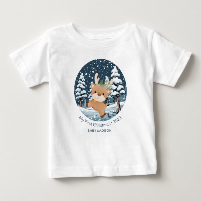 T-shirt Pour Bébé Mon premier petit cerf de Noël en neige (Devant)