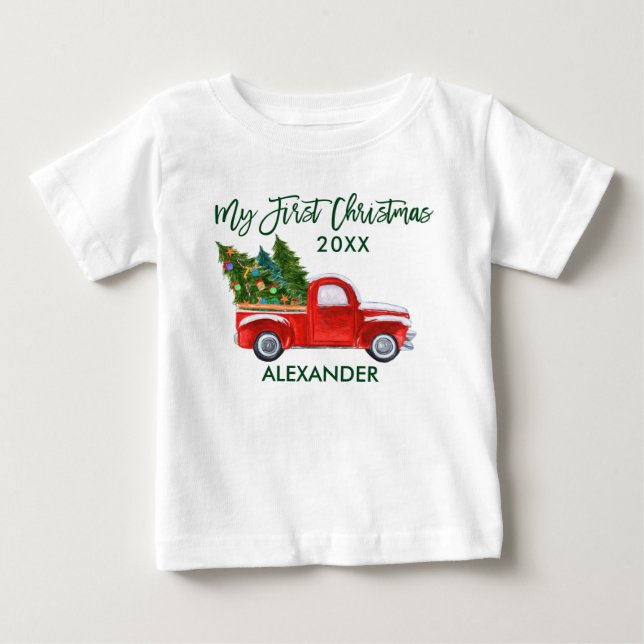 T-shirt Pour Bébé Mon premier script vert de camion rouge Noël (Devant)