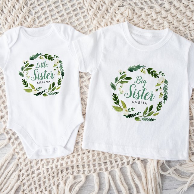 T-shirt Pour Bébé Monogramme de nom de grande sœur floral de verdure (Créateur téléchargé)