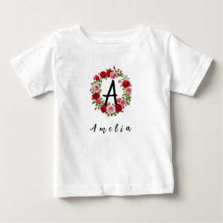 T-shirt Pour Bébé Monogramme Floral Aquarelle Personnalisé & Prénom 