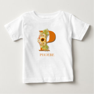 T-shirt Pour Bébé Monogramme floral tournesol lettre P avec nom