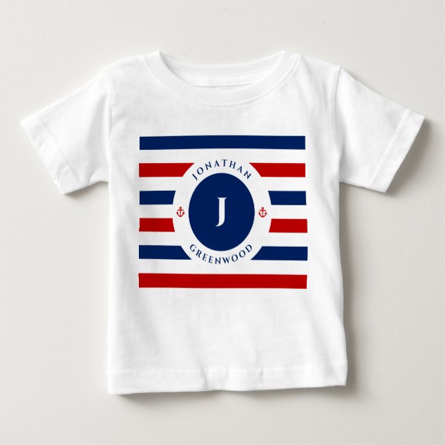 T-shirt Pour Bébé Monogramme marin Bleu Rouge Blanc rayures (Devant)