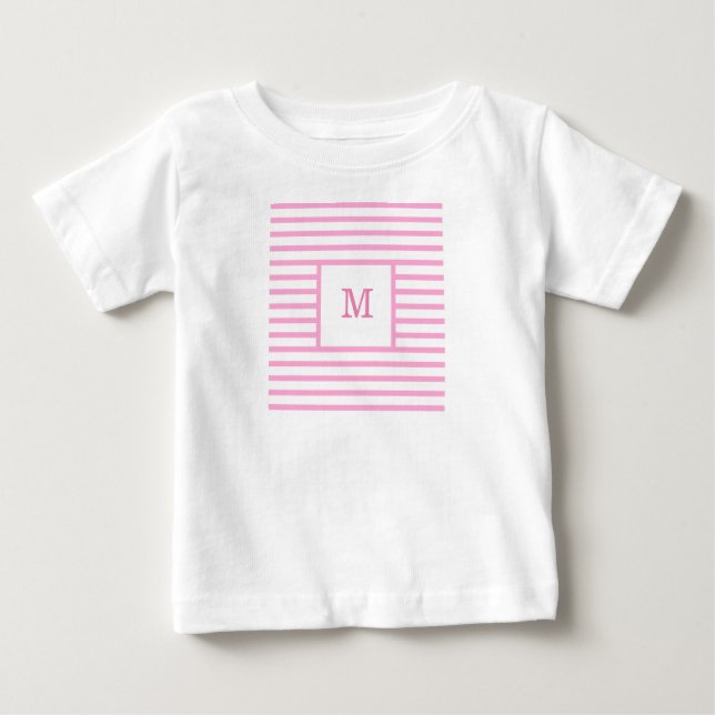 T-shirt Pour Bébé Monogramme personnalisé avec bandes roses et blanc (Devant)