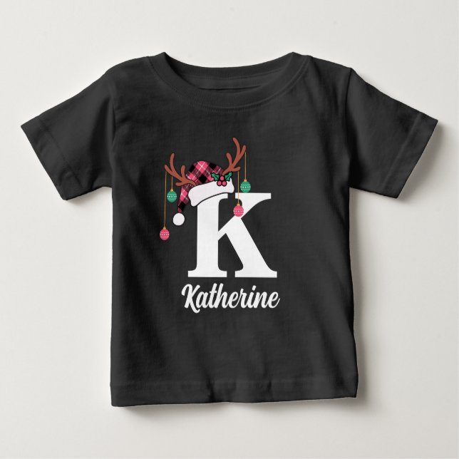 T-shirt Pour Bébé Monogramme personnalisé Famille Noël Plaid Santa H (Devant)