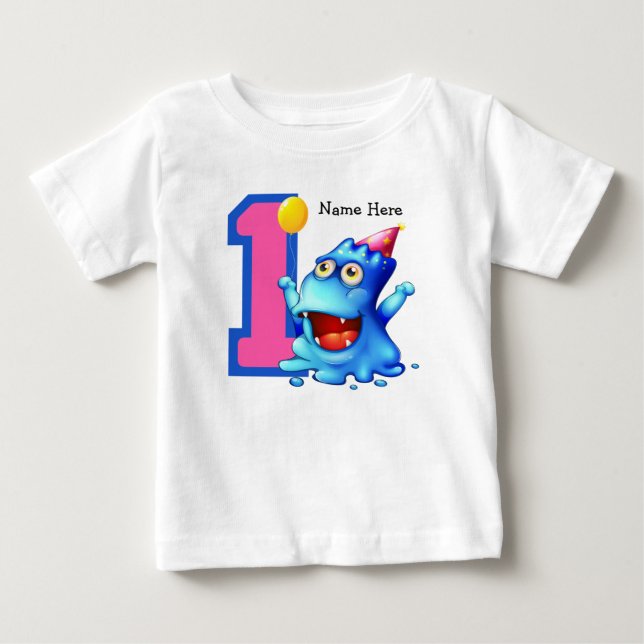 T-shirt Pour Bébé Monstre bleu 1er anniversaire Personnalisé (Devant)