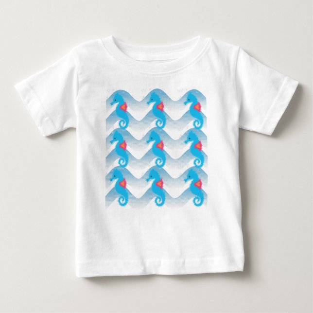 T-shirt Pour Bébé Motif Des Chevaux De Mer Et Des Vagues Bleues (Devant)