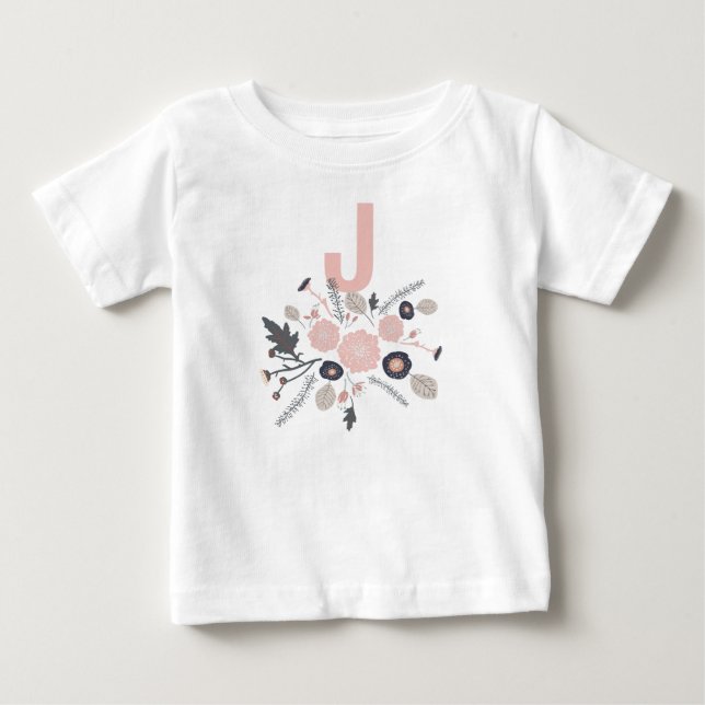 T-shirt Pour Bébé Motif Fleur Jetée Gris Rose Noir Avec Initiale (Devant)