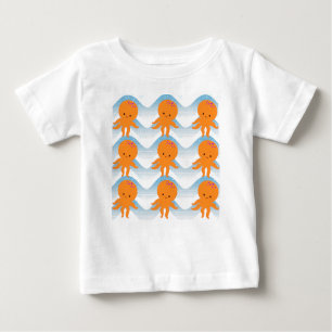 T-shirt Pour Bébé Motif Octopus Orange Et Vagues Bleues
