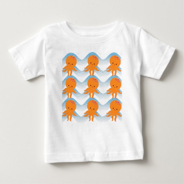T-shirt Pour Bébé Motif Octopus Orange Et Vagues Bleues (Devant)