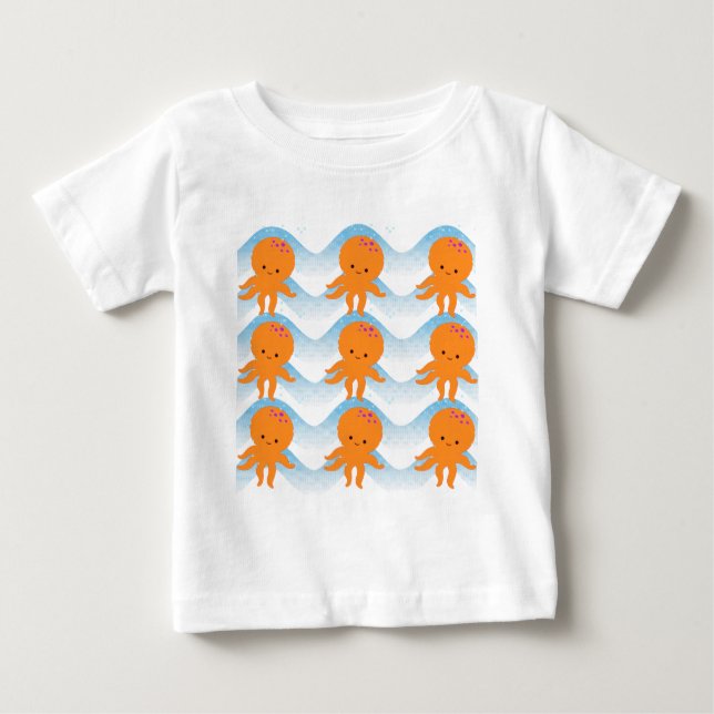 T-shirt Pour Bébé Motif Octopus Orange Et Vagues Bleues (Devant)