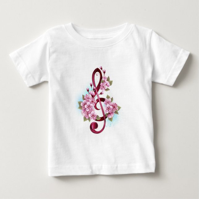 T-shirt Pour Bébé Musical treble clef notes with Sakura flowers (Devant)