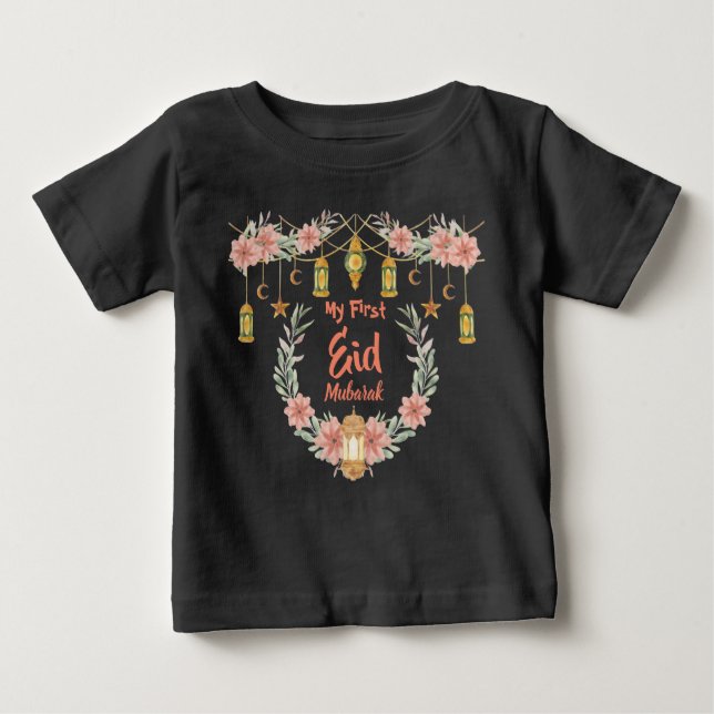 T-shirt Pour Bébé My First Eid Mubarak Cute Flowers Lamp Moon Stars  (Devant)