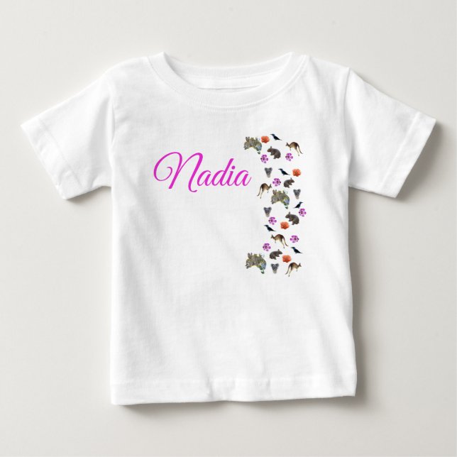 T-shirt Pour Bébé Nadia, logo de nom avec faune australienne,  (Devant)