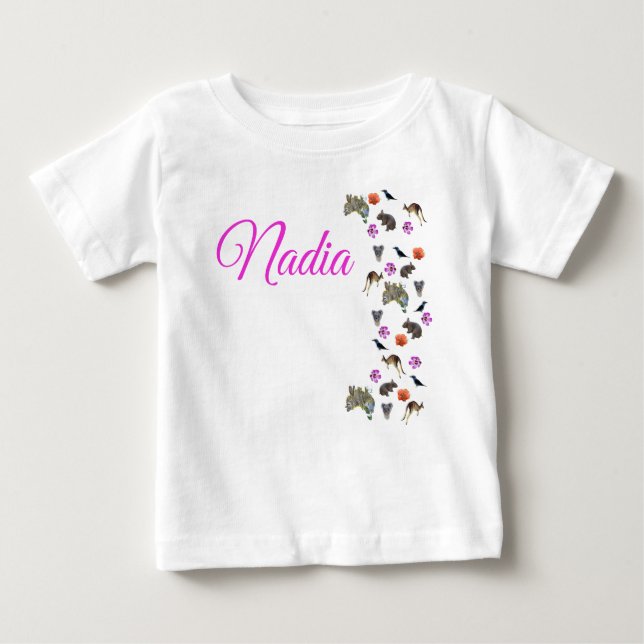 T-shirt Pour Bébé Nadia, nom logo avec la faune australienne,  (Devant)