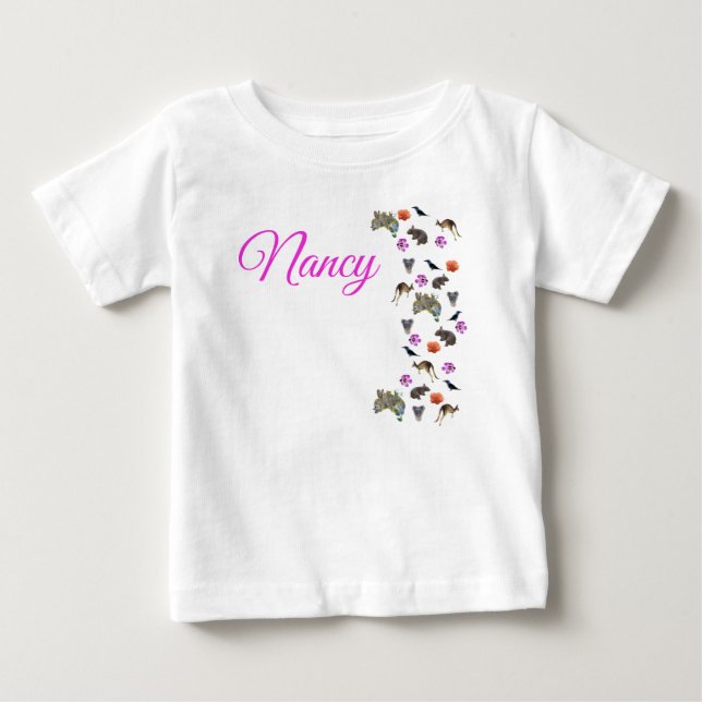 T-shirt Pour Bébé Nancy, Nom,  Avec la faune australienne,  (Devant)