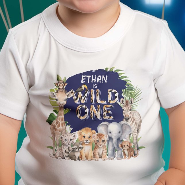 T-shirt Pour Bébé Navy Blue Wild One Animaux Safari Thématique 1ère  (Créateur téléchargé)