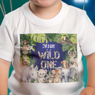 T-shirt Pour Bébé Navy Wild one, Jungle Safari Animaux, Bébé garçon 