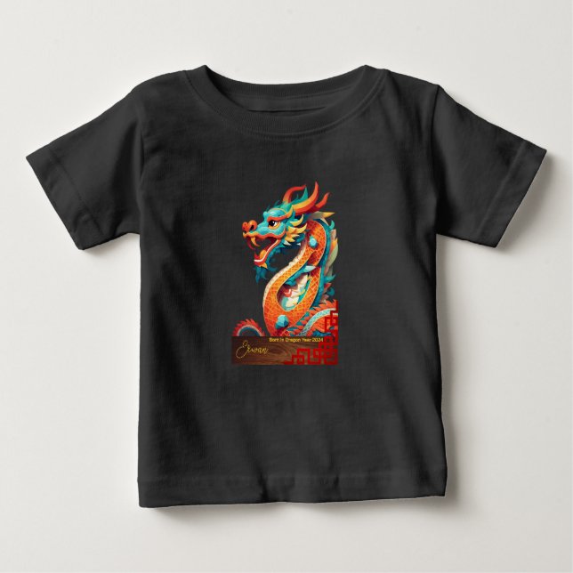 T-shirt Pour Bébé Né dans une année Dragon 2024 personnalisé Baby B  (Devant)