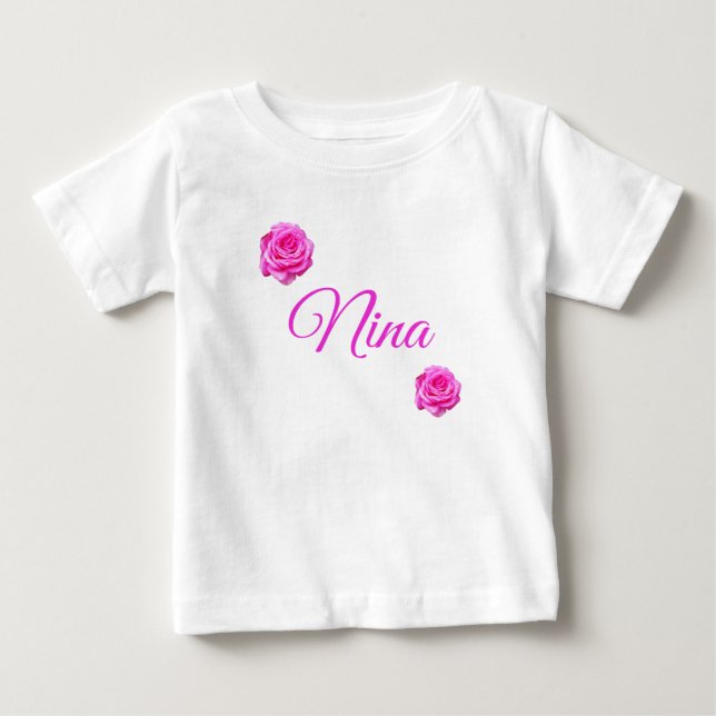 T-shirt Pour Bébé Nina, Nom Aux Roses Roses  (Devant)