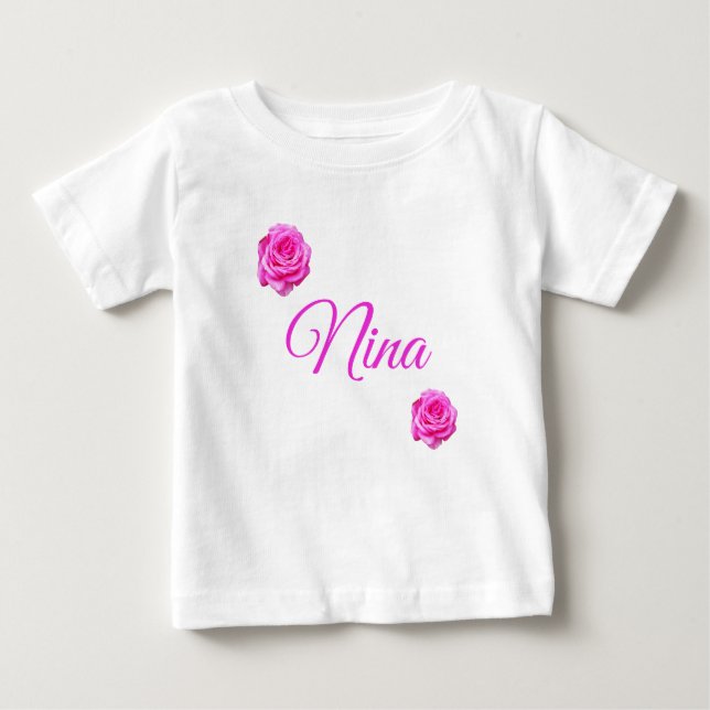 T-shirt Pour Bébé Nina, Nom Avec Roses Rose, (Devant)