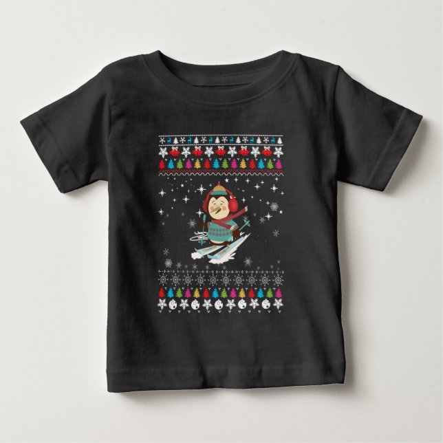 T-shirt Pour Bébé Noël du pingouin à ski (Devant)