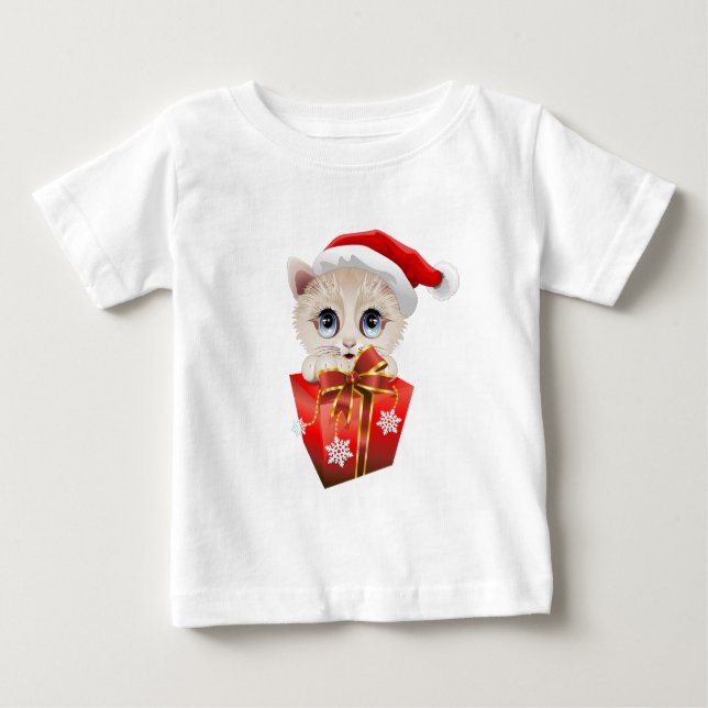 T-shirt Pour Bébé Noël Père Noël Kitten avec cadeau (Devant)
