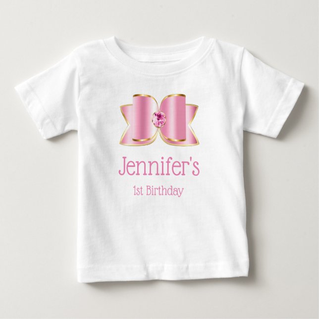 T-shirt Pour Bébé Nœud à paillettes rose avec une pierre précieuse c (Devant)