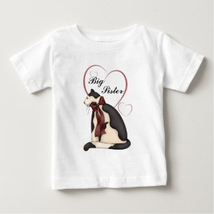 T-shirt Pour Bébé Noir & Blanc Kitty Chat & Coeurs Grande Soeur
