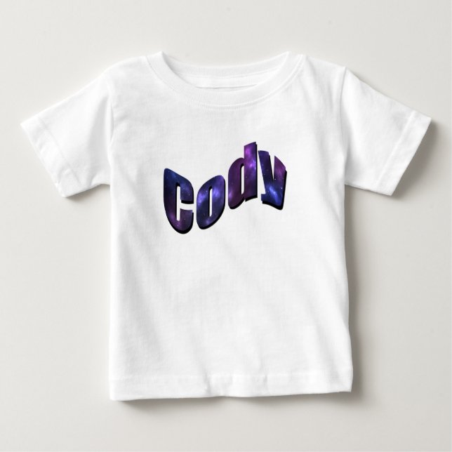 T-shirt Pour Bébé Nom Cody fait de nuages de nébuleuse bleue, (Devant)