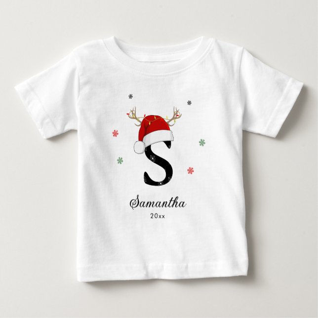 T-shirt Pour Bébé Nom de la lettre Santa Hat | Monogramme | Initiale (Devant)