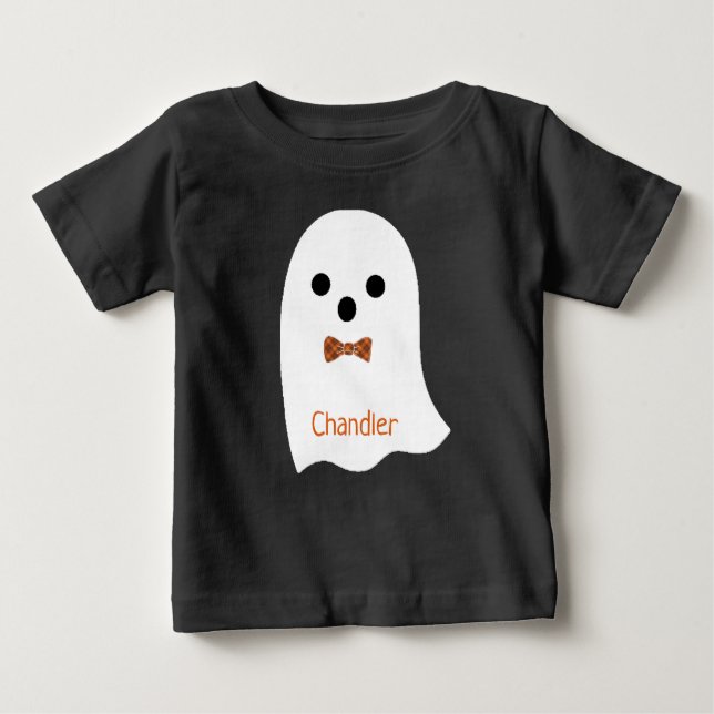 T-shirt Pour Bébé Nom de l'enfant mignon Halloween Ghost Plaid Bow (Devant)