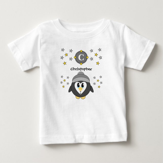 T-shirt Pour Bébé Nom de pingouin mignon étoiles gris jaune (Devant)