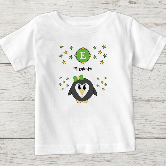T-shirt Pour Bébé Nom de pingouin mignon étoiles jaune vert (Créateur téléchargé)