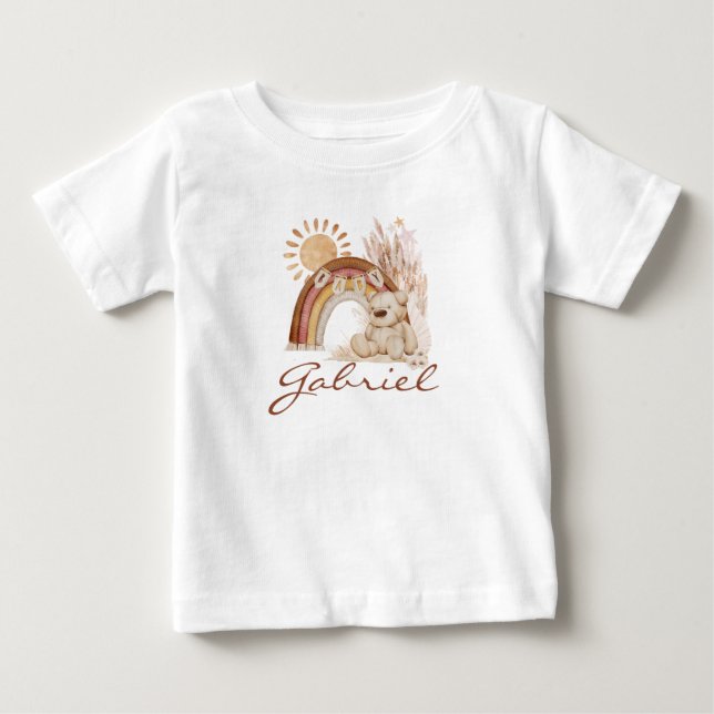 T-shirt Pour Bébé Nom du bébé customisé Boho Teddy Bear Rainbow (Devant)