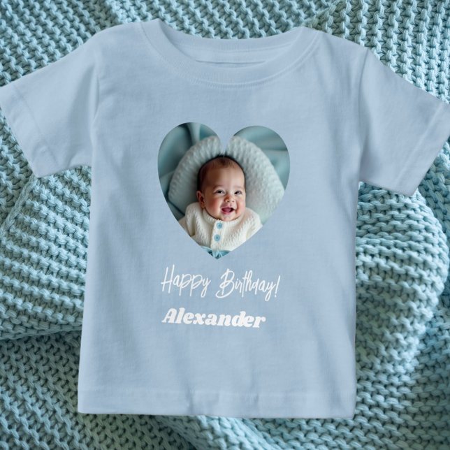 T-shirt Pour Bébé Nom du coeur de photo anniversaire bleu garçon (Créateur téléchargé)