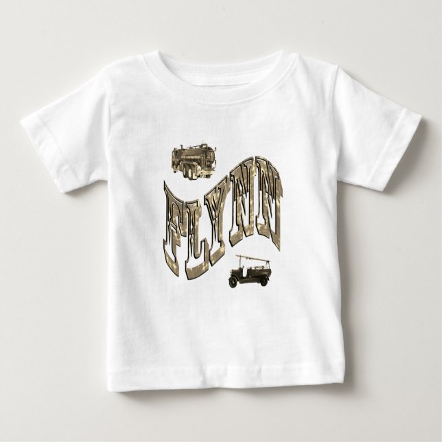 T-shirt Pour Bébé Nom Flynn, avec camions de pompiers, (Devant)