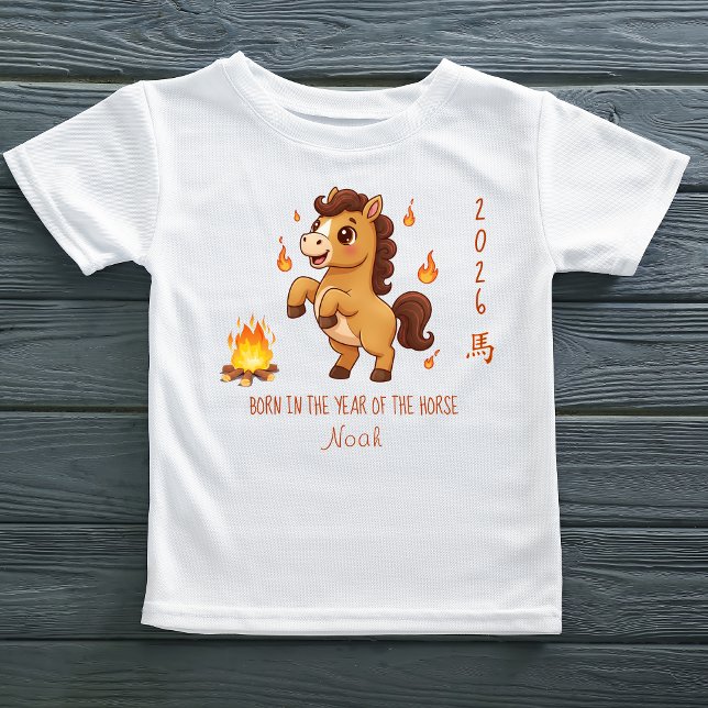 T-shirt Pour Bébé Nom Né l'Année du Cheval 2026 (Name Born in the Year of the Horse 2026 Baby T-Shirt)