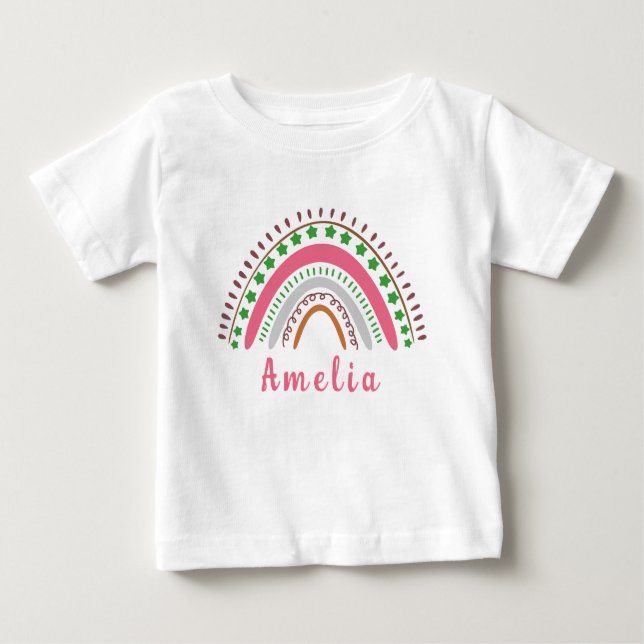 T-shirt Pour Bébé Nom personnalisé avec arc-en-ciel blanc Boho (Devant)