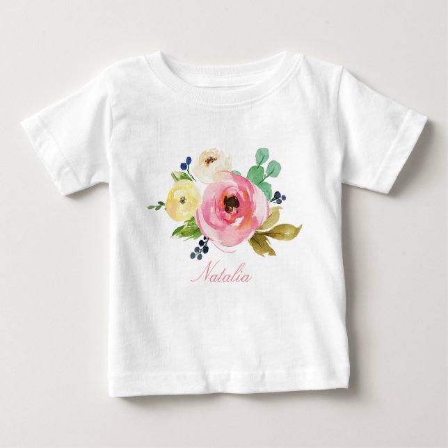 T-shirt Pour Bébé Nom personnalisé Baby Girl Aquarelle Floral-4 (Devant)