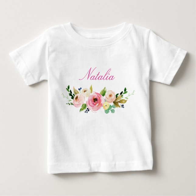 T-shirt Pour Bébé Nom personnalisé Baby Girl Aquarelle Floral-7 (Devant)
