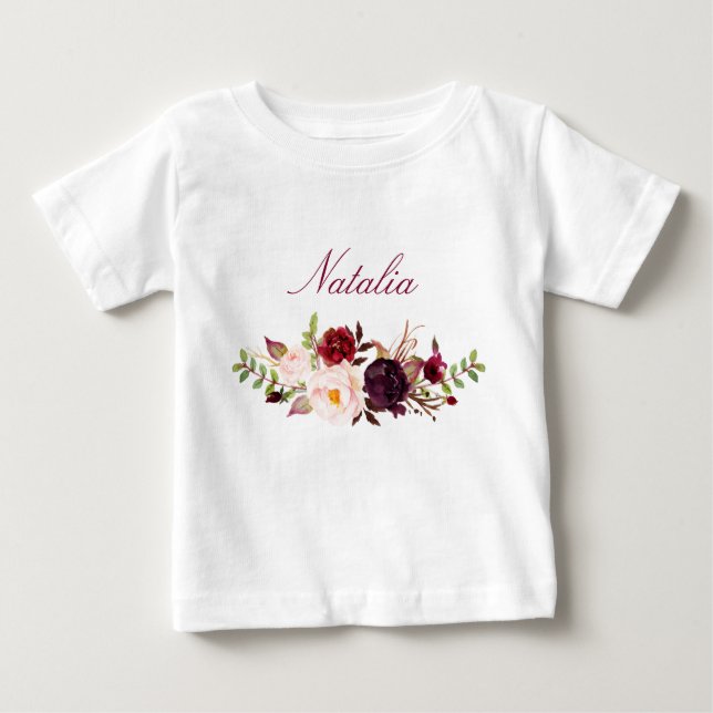 T-shirt Pour Bébé Nom personnalisé Baby Girl Aquarelle Floral-8 (Devant)