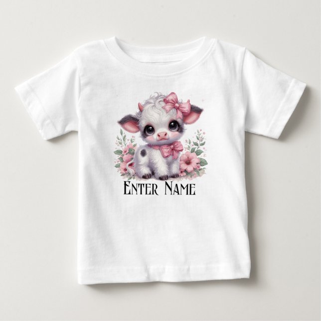 T-shirt Pour Bébé Nom personnalisé Cute Rose Baby Girl Highland Cow (Devant)