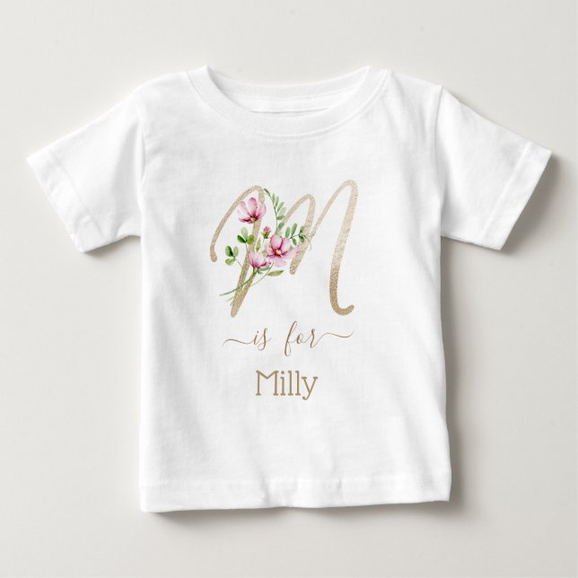 T-shirt Pour Bébé Nom personnalisé Faux Gold Fleurs d'aquarelle init (Devant)
