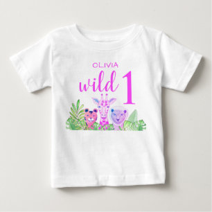 T-shirt Pour Bébé Nom personnalisé Fille Rose Wild One Animaux de la