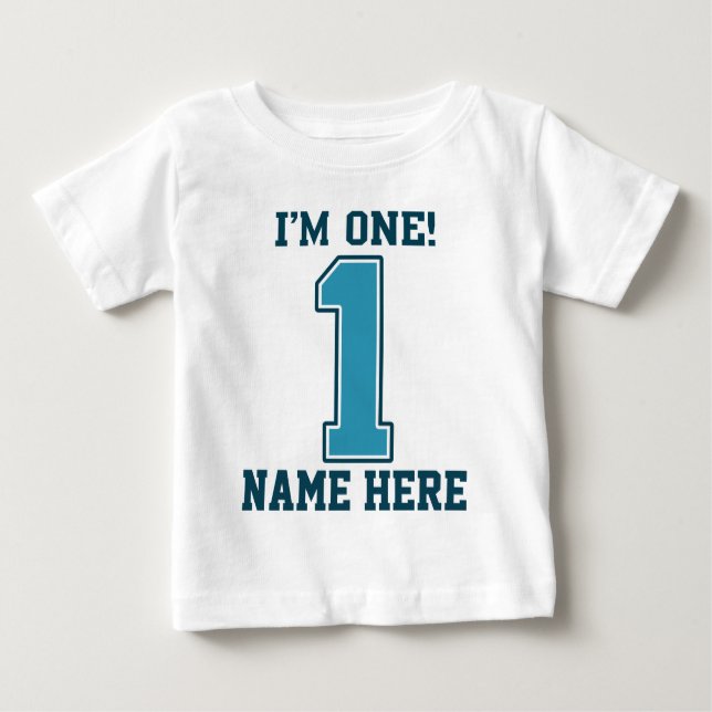 T-shirt Pour Bébé Nom personnalisé, Je suis un, Grand bleu numéro 1 (Devant)