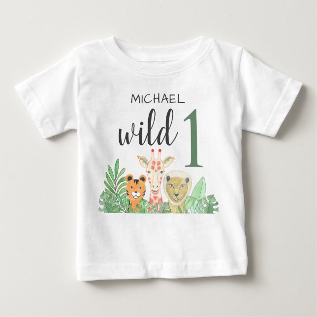 T-shirt Pour Bébé Nom personnalisé Wild One Jungle Animaux Végétatio (Devant)