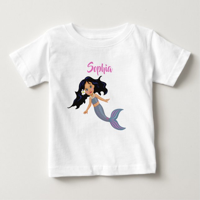 T-shirt Pour Bébé Nom personnel mignon de sirène cheveux foncés rose (Devant)