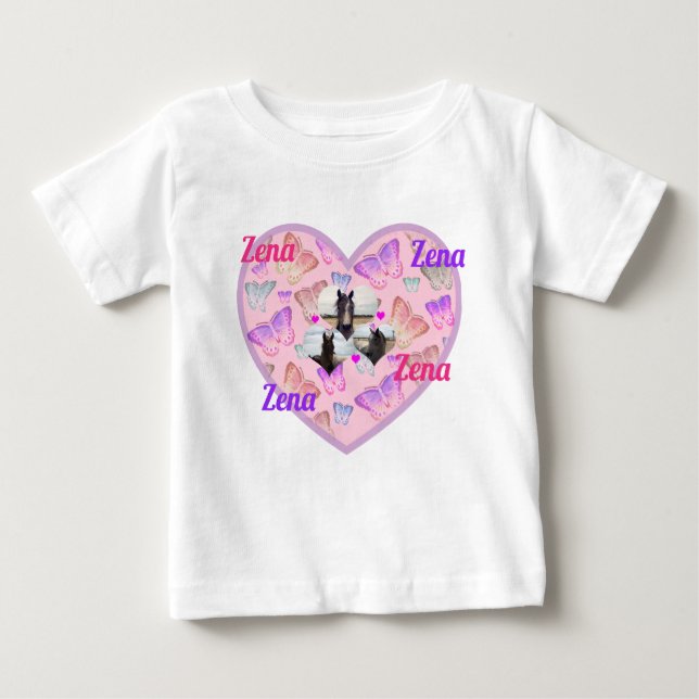 T-shirt Pour Bébé Nom Zena Avec Chevaux Et Papillons, (Devant)